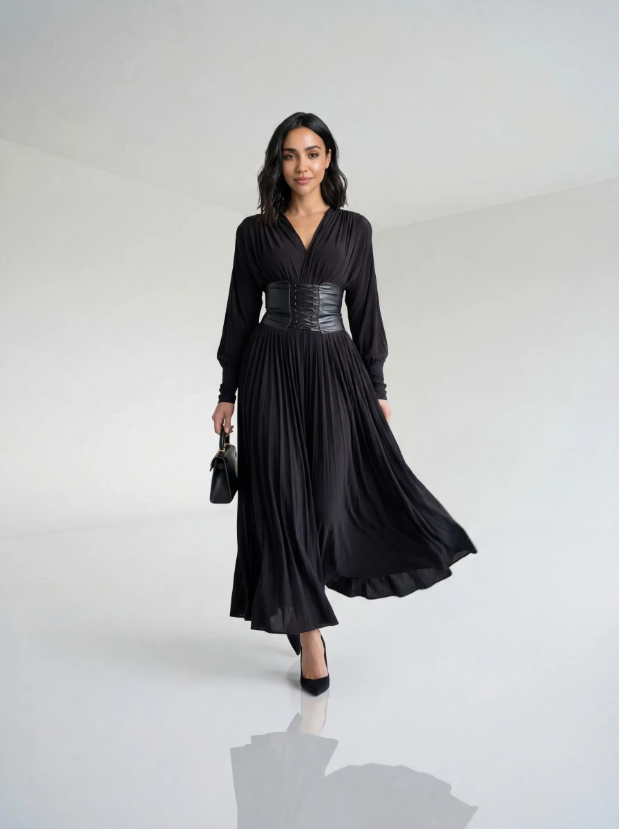 فستان أسود بحزام عريض