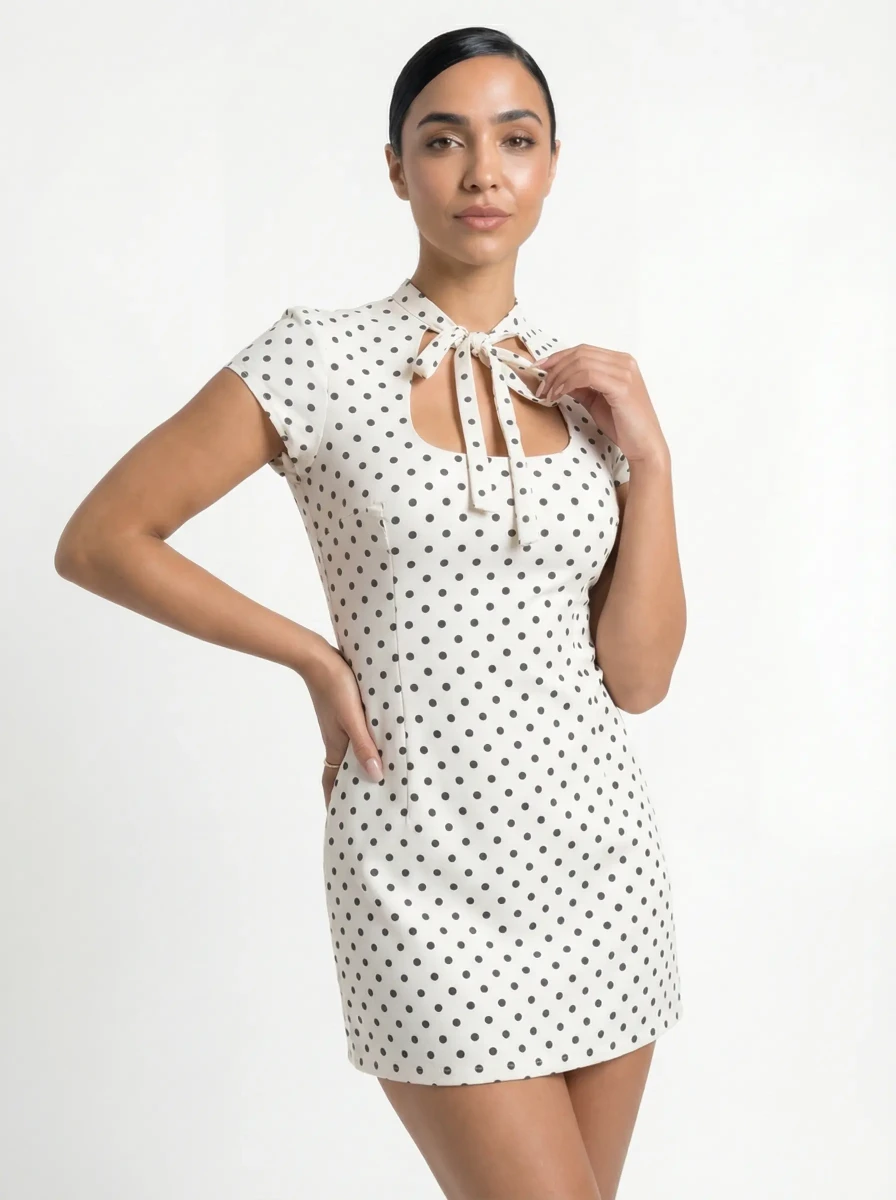 فستان أبيض منقط بفيونكة