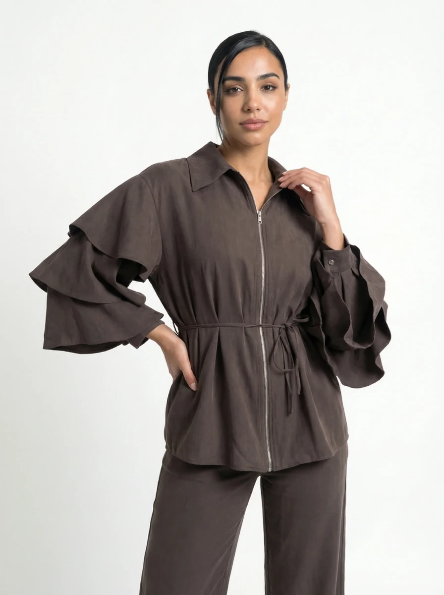 طقم بني بخصر ربطة