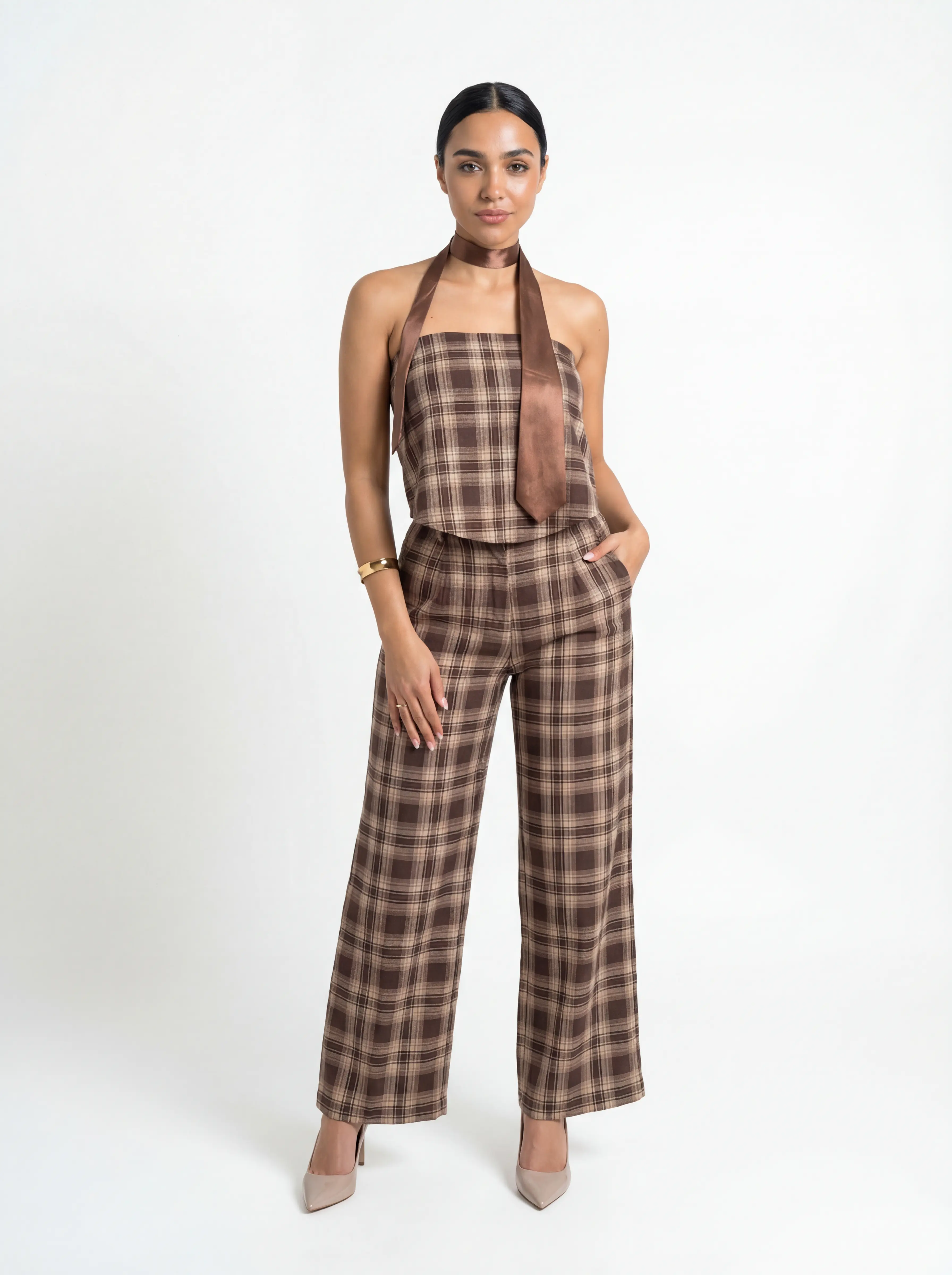 بنطال براون تشيك وايد