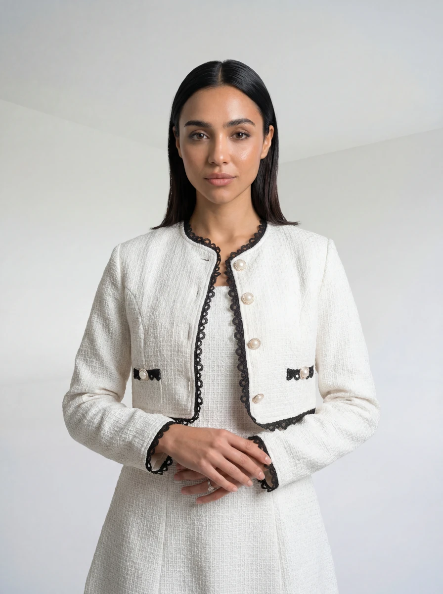 طقم جاكيت وفستان قصير أوف وايت