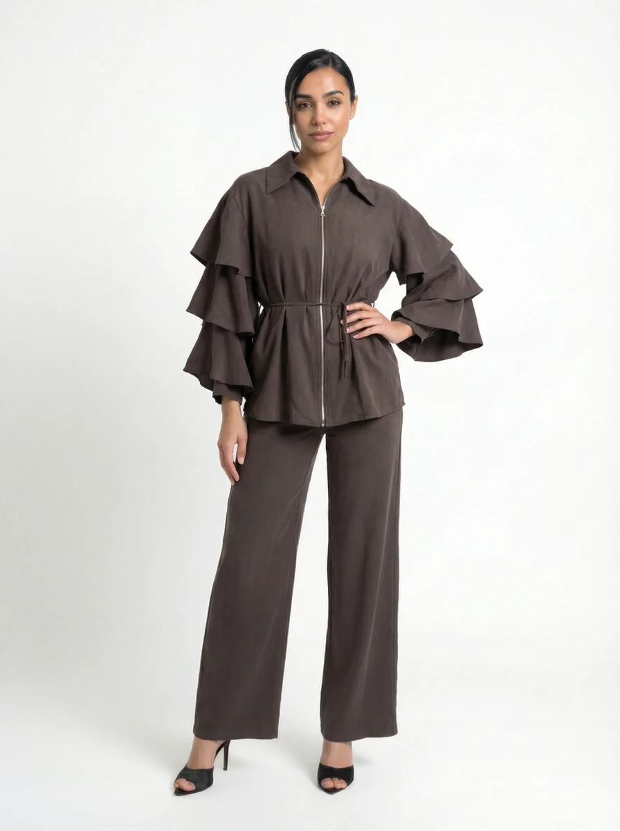 طقم بني بخصر ربطة