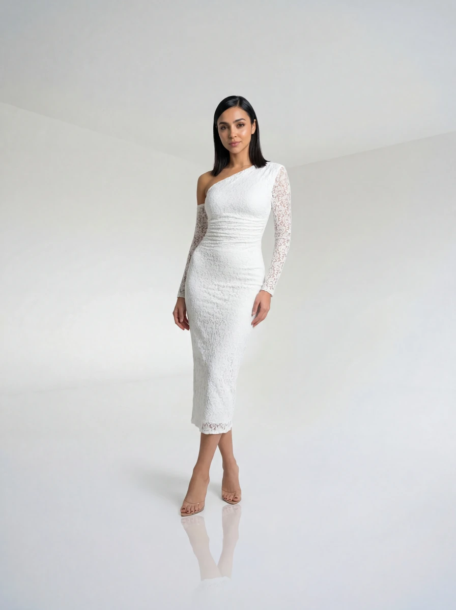 فستان كتف واحد دانتيل أبيض