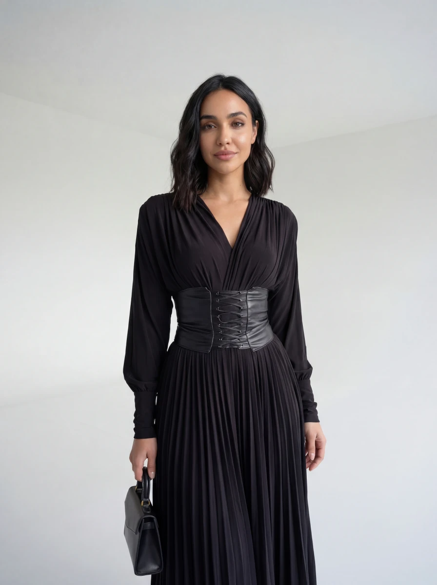 فستان أسود بحزام عريض