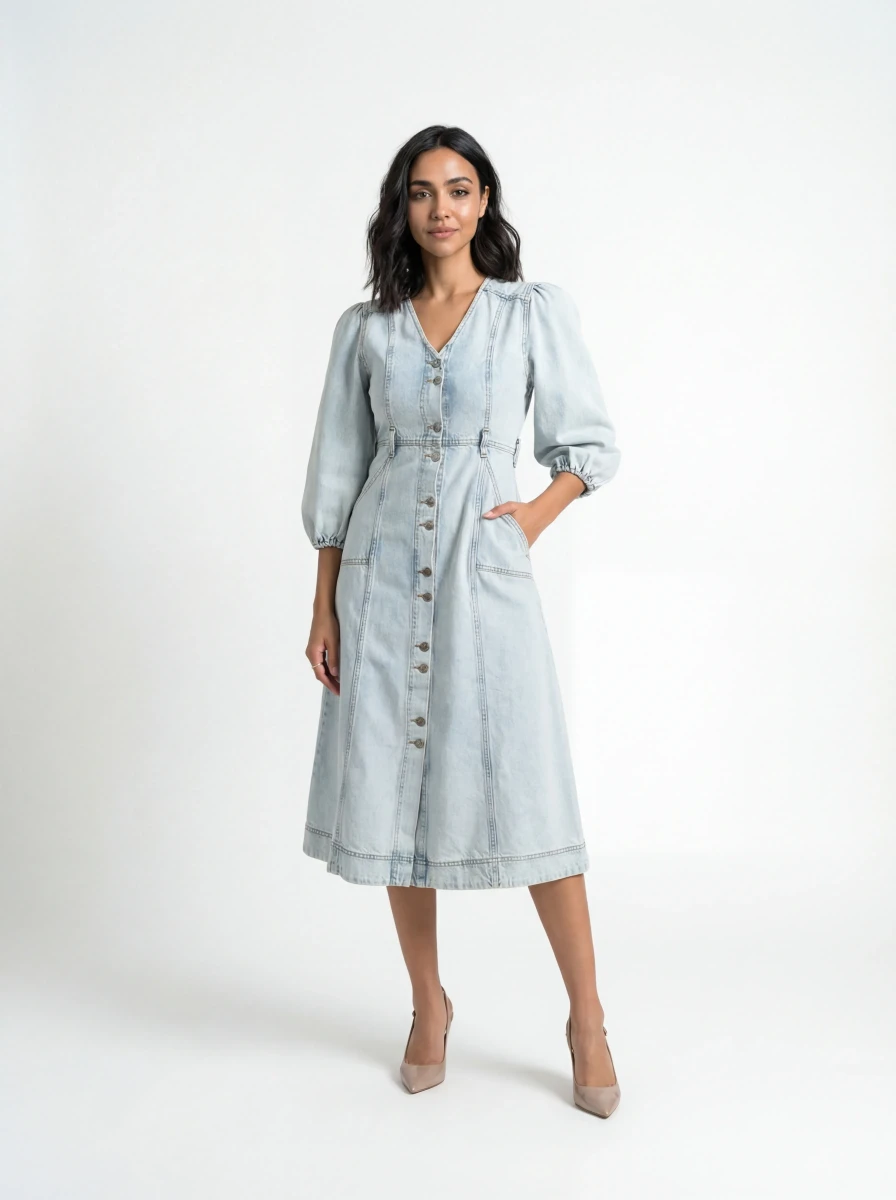 فستان جينز ميدي بأزرار