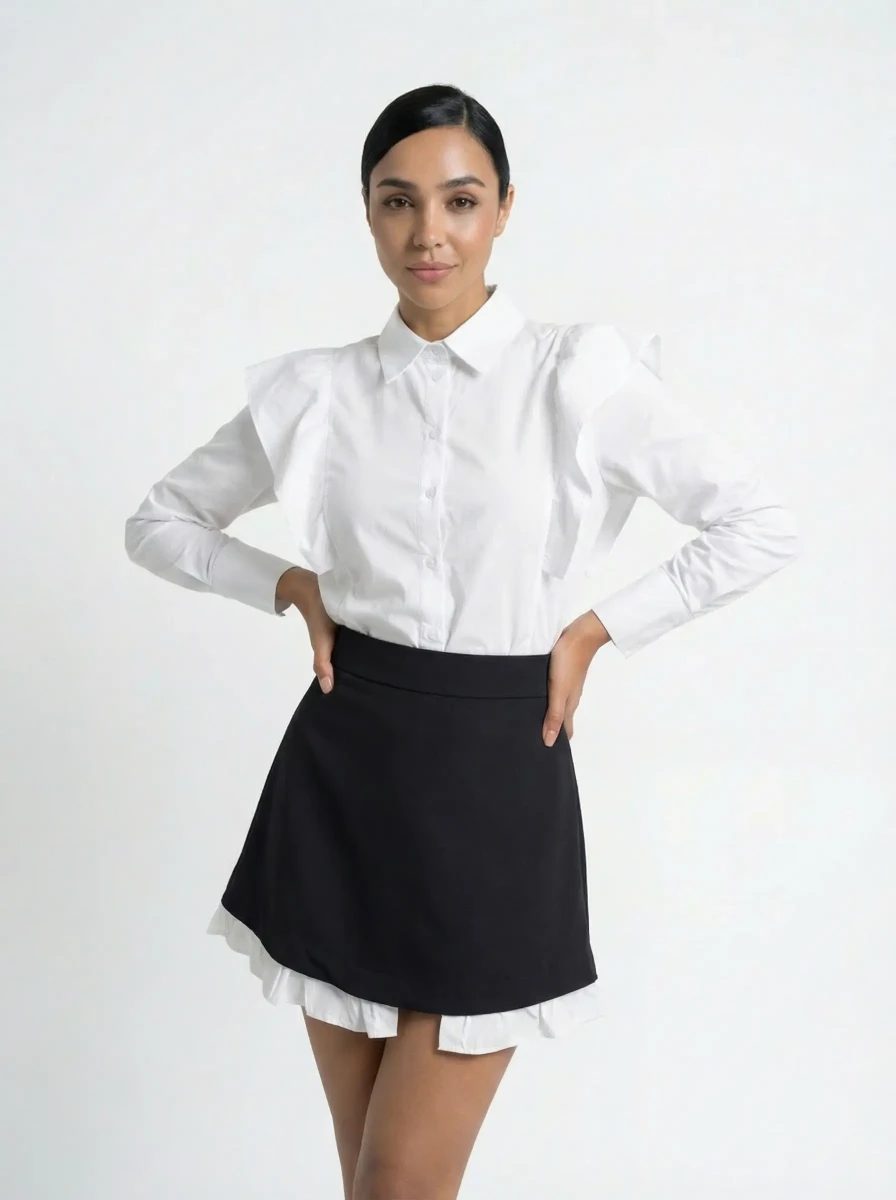 طقم أسود وأبيض كشكش