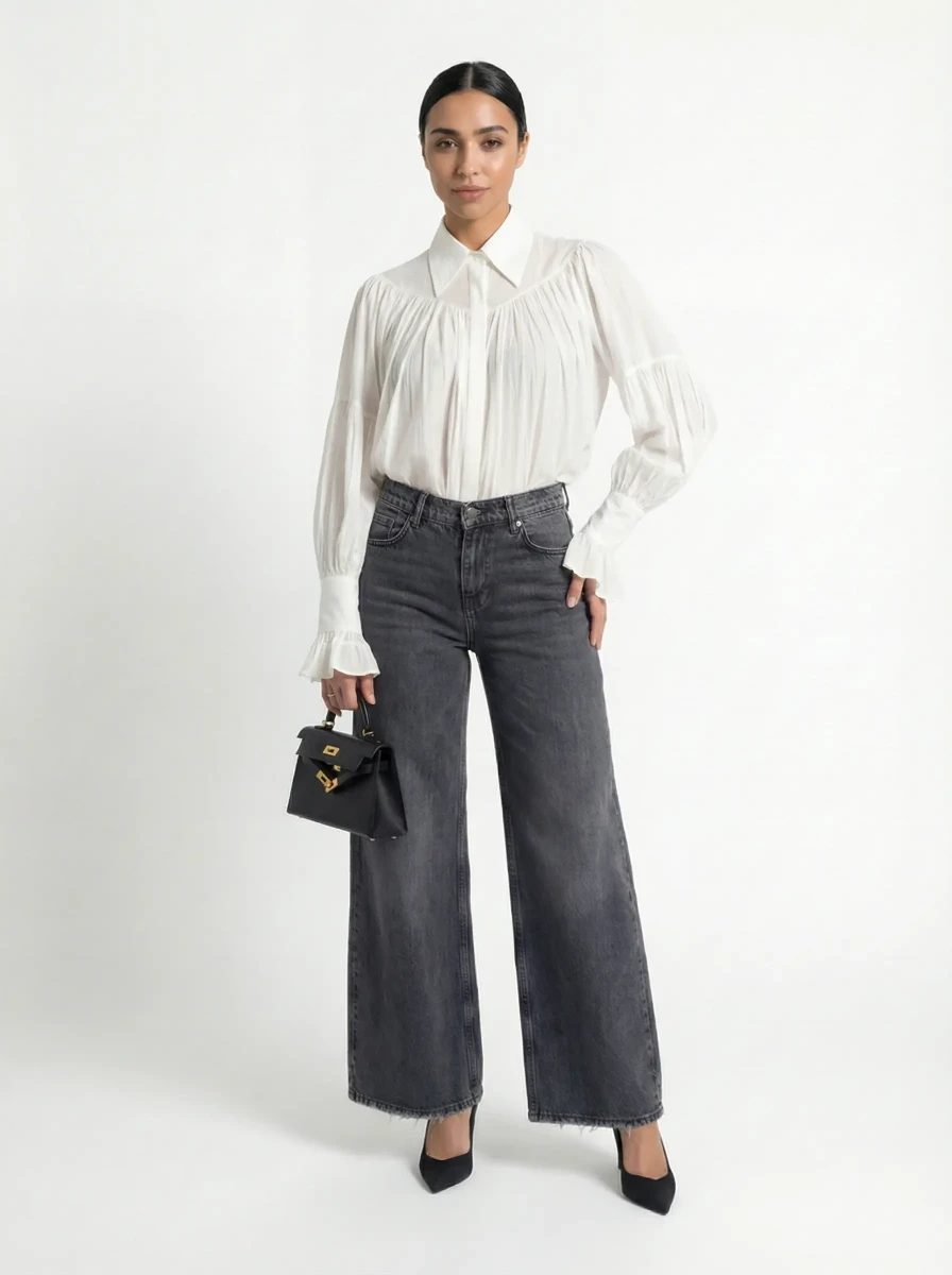 قميص أبيض كشكش كلاسيك